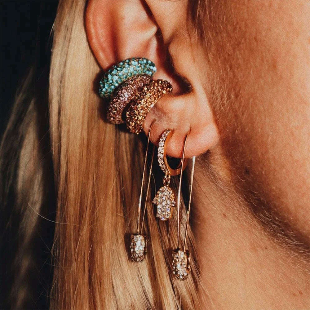 Boho Crystal Ear Cuff Brincos C Shape Colorful No Pierced Statement Earring for Women Charm Clip Wedding Jewelry 2019 - KIMLUD