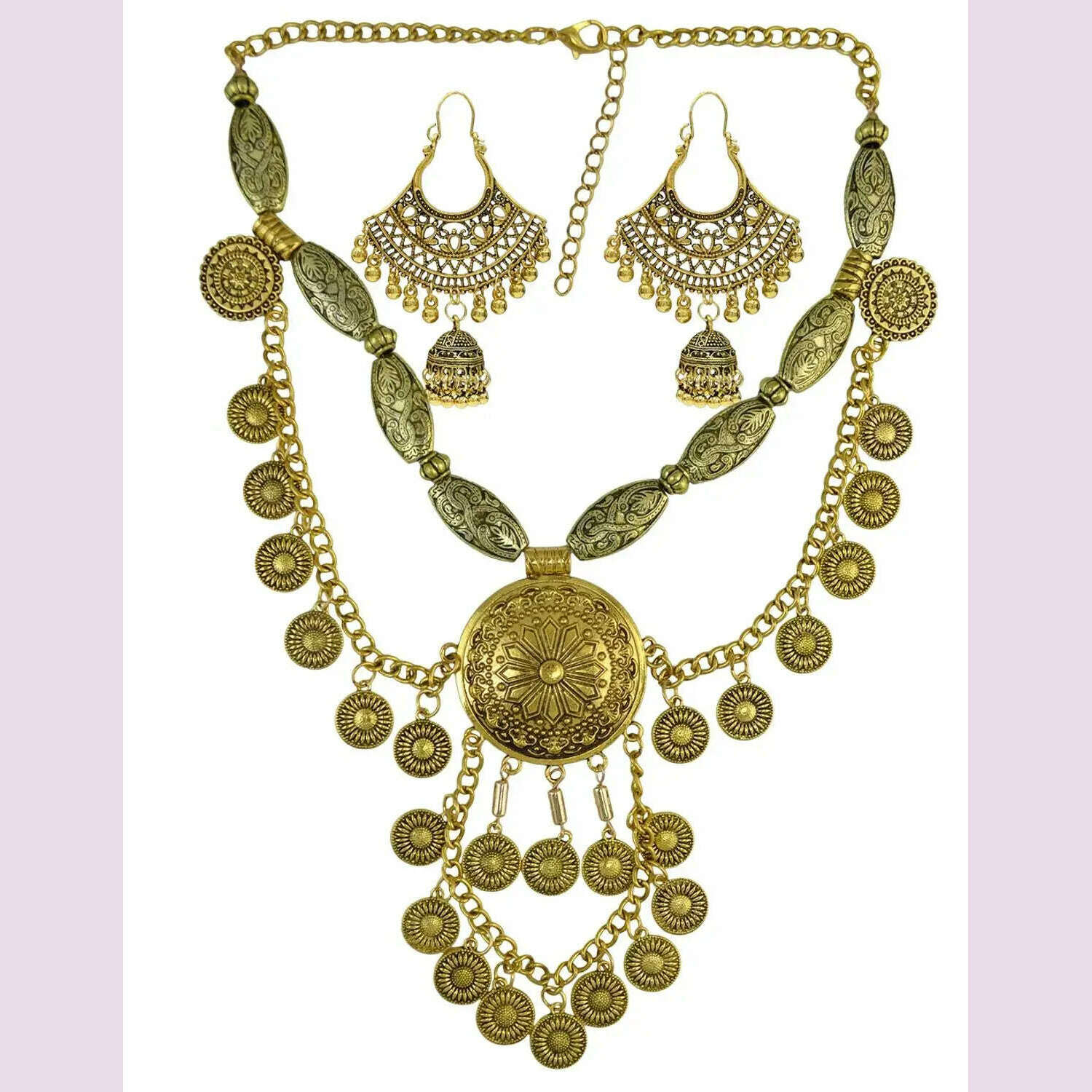 Boho Ethnic Big Choker Necklace&earrings set Women Vintage Color Maxi Necklace Pendant Women's Large Collier Coin Necklace Jewe - KIMLUD