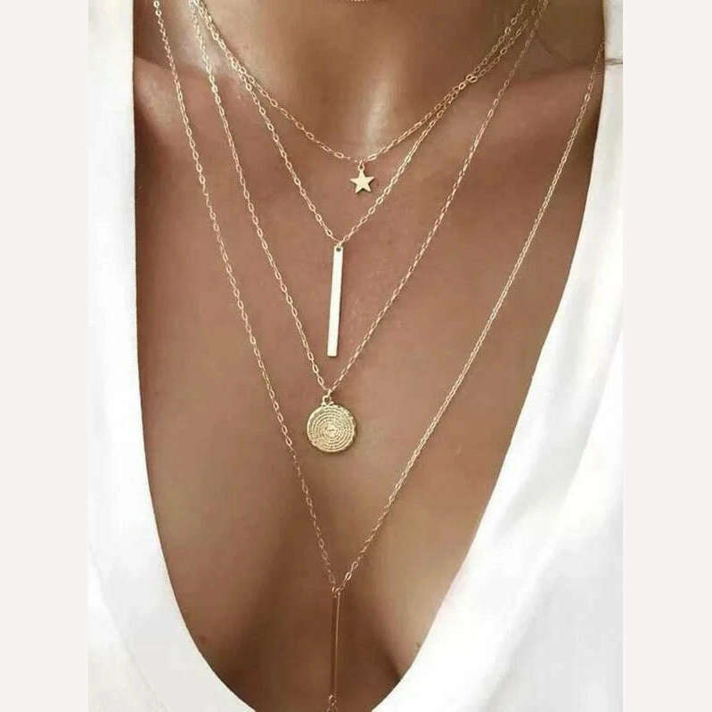 Boho Gold Color Metal Simple Imitation Pearl Round Sequin Moon Butterfly Rose Flower Pendant Necklaces Girls Fashion Jewelry - KIMLUD