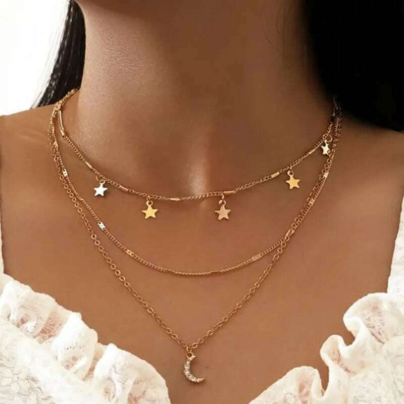 KIMLUD, Boho Gold Color Metal Simple Imitation Pearl Round Sequin Moon Butterfly Rose Flower Pendant Necklaces Girls Fashion Jewelry, 071301-9, KIMLUD Womens Clothes