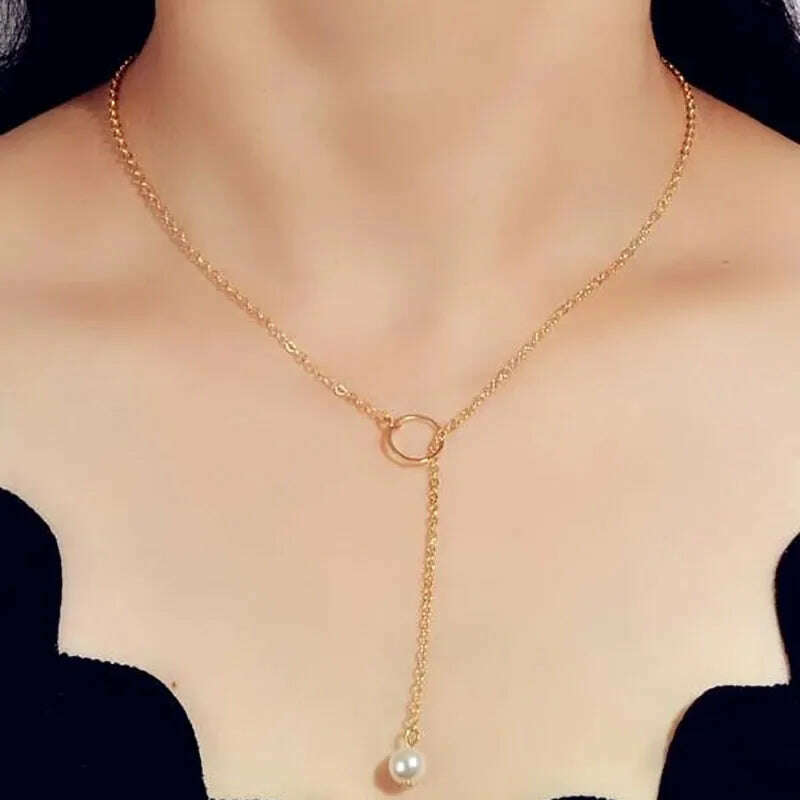 Boho Gold Color Metal Simple Imitation Pearl Round Sequin Moon Butterfly Rose Flower Pendant Necklaces Girls Fashion Jewelry - KIMLUD