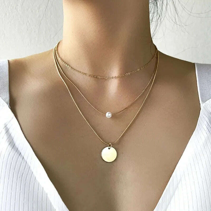 Boho Gold Color Metal Simple Imitation Pearl Round Sequin Moon Butterfly Rose Flower Pendant Necklaces Girls Fashion Jewelry - KIMLUD