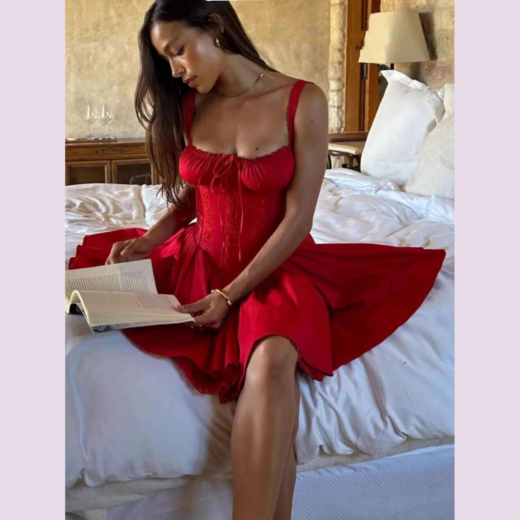 Boho Inspired red CORSET MINI DRESS women underwired cups pintuck bodice sexy straps summer dresses new luxury party dress - KIMLUD