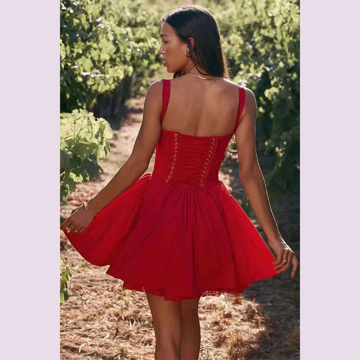 Boho Inspired red CORSET MINI DRESS women underwired cups pintuck bodice sexy straps summer dresses new luxury party dress - KIMLUD