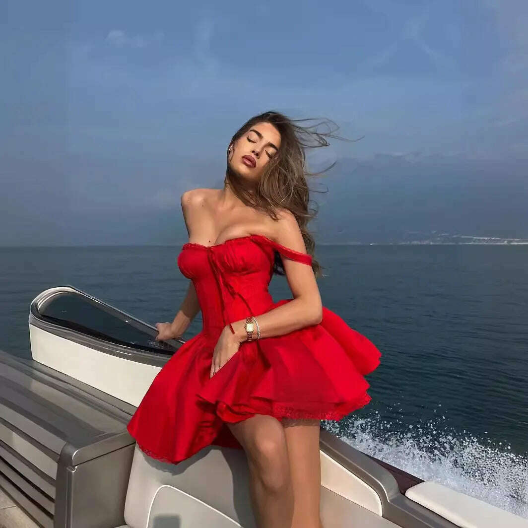 Boho Inspired red CORSET MINI DRESS women underwired cups pintuck bodice sexy straps summer dresses new luxury party dress - KIMLUD