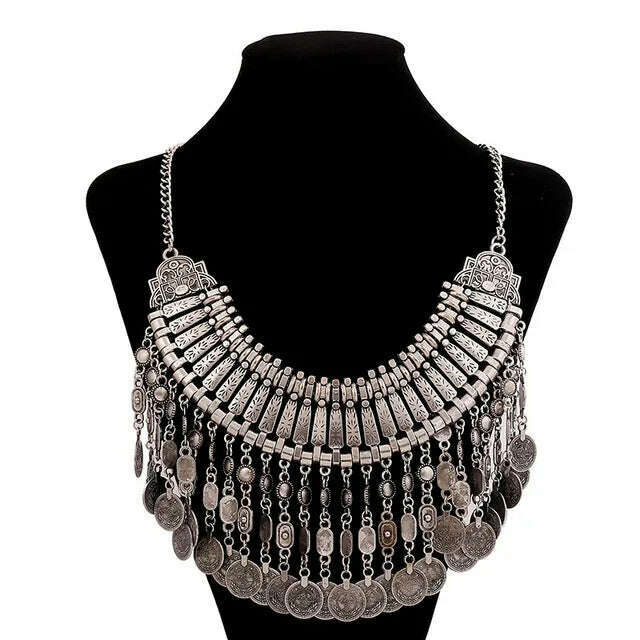 Boho Long Maxi Coin Necklace Women Vintage Ethnic Statement Big Collar Tassel Choker Necklace Femme Silvery Gypsy Jewellery - KIMLUD