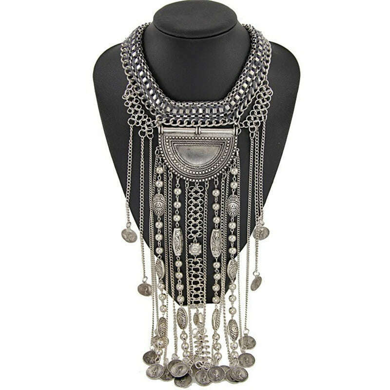 Boho Long Maxi Coin Necklace Women Vintage Ethnic Statement Big Collar Tassel Choker Necklace Femme Silvery Gypsy Jewellery - KIMLUD