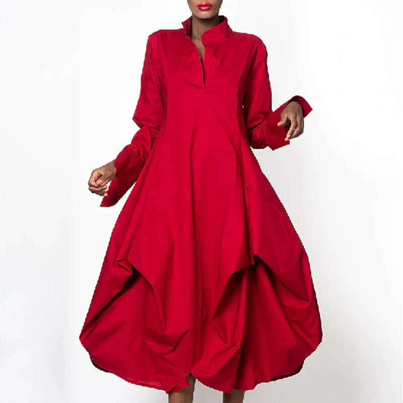 KIMLUD, Bohohipei 2024 New Spring Women Elegant Red Party Evening Midi Dresses Long Sleeves Loose Solid Color Stand Collar Prom Gown, KIMLUD Womens Clothes