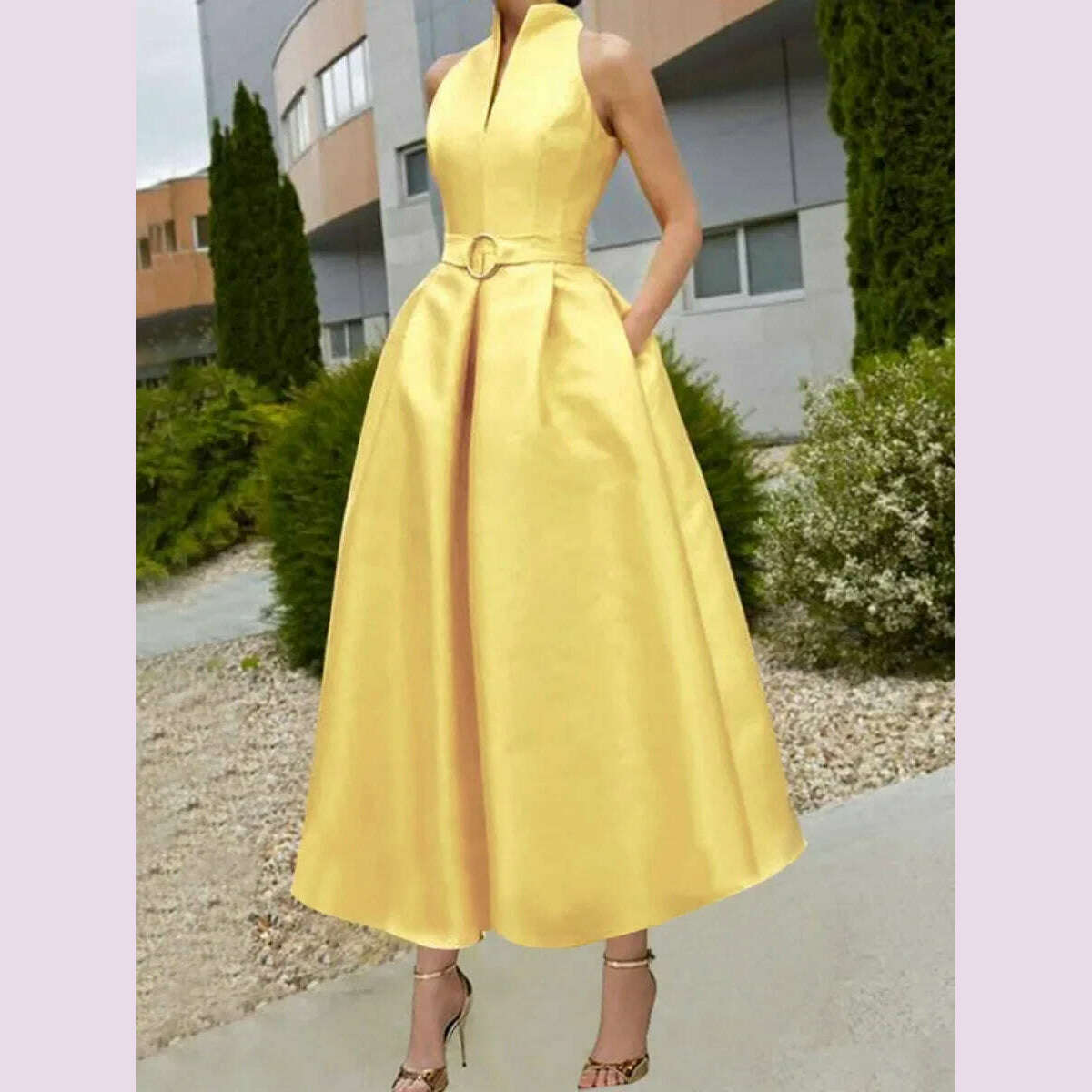 KIMLUD, Bohohipei Urban Female Fashion Pockets Pleated A-line Dress 2024 New Summer Sleeveless V-neck Elegant Party Evening Midi Dresses, KIMLUD Womens Clothes