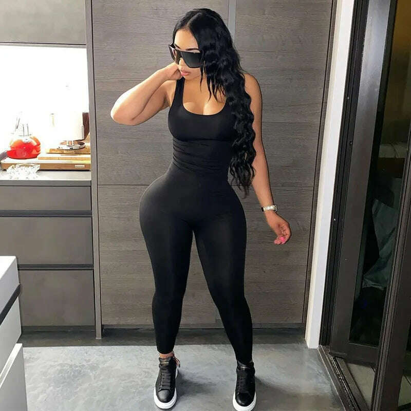 KIMLUD, BOOFEENAA Sexy Sport Cut Out Backless Bodycon Jumpsuit Active Wear Black One Piece Outfit Women Summer Baddie Clothes C70-BE17, KIMLUD Womens Clothes