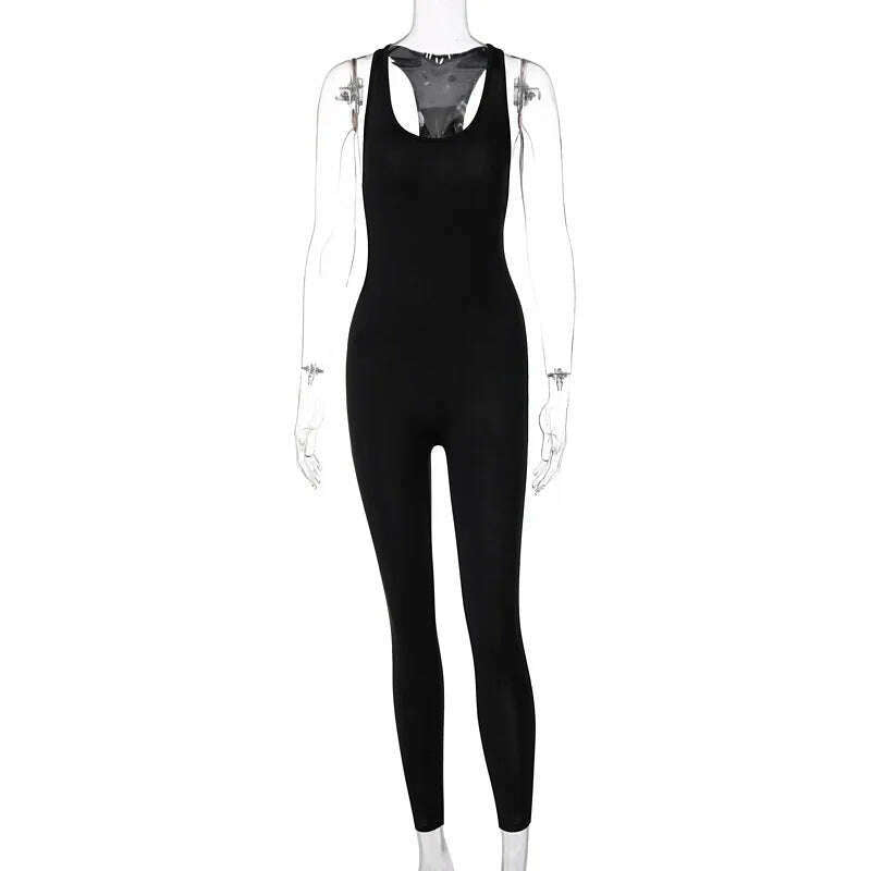 KIMLUD, BOOFEENAA Sexy Sport Cut Out Backless Bodycon Jumpsuit Active Wear Black One Piece Outfit Women Summer Baddie Clothes C70-BE17, KIMLUD Womens Clothes