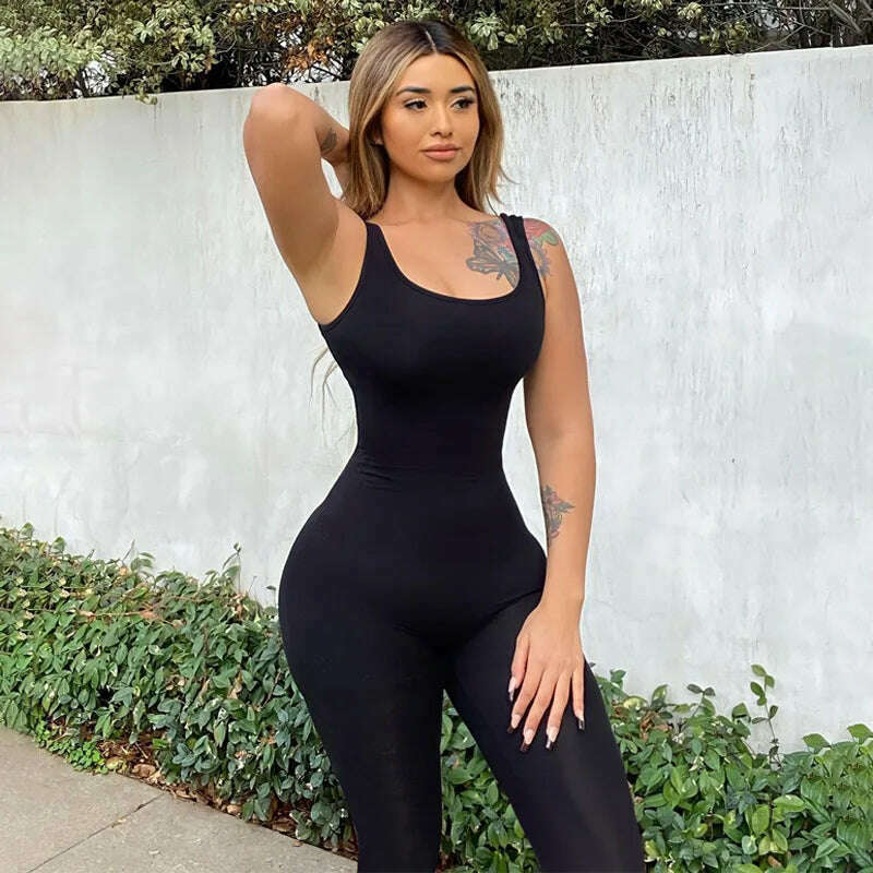 KIMLUD, BOOFEENAA Sexy Sport Cut Out Backless Bodycon Jumpsuit Active Wear Black One Piece Outfit Women Summer Baddie Clothes C70-BE17, KIMLUD Womens Clothes