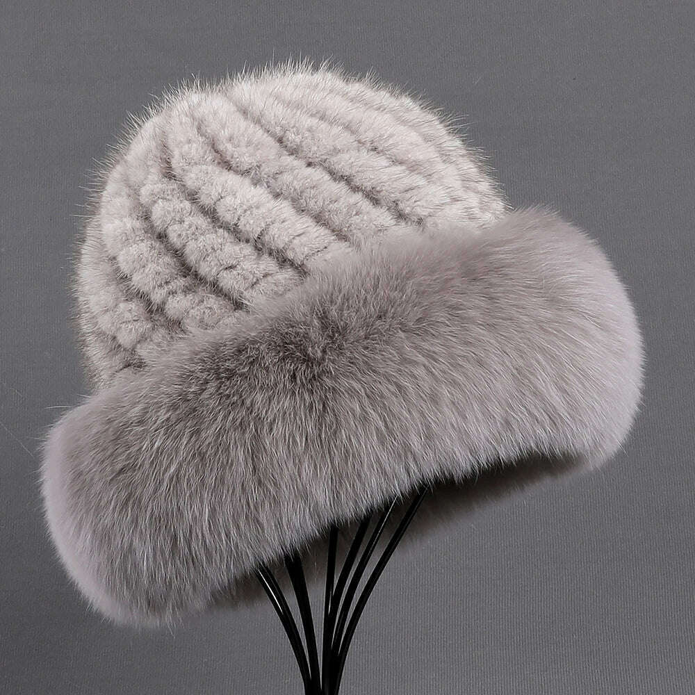 BOONJOVIA Women's Luxury Genuine Mink Fur Beanie Hat With Fox Fur Trim Brim Top Cap Lady Winter Fur Hats Warm Fluffy - KIMLUD