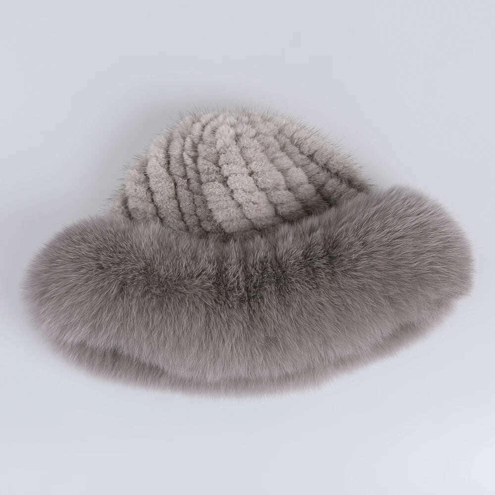 KIMLUD, BOONJOVIA Women's Luxury Genuine Mink Fur Beanie Hat With Fox Fur Trim Brim Top Cap Lady Winter Fur Hats Warm Fluffy, KIMLUD Womens Clothes