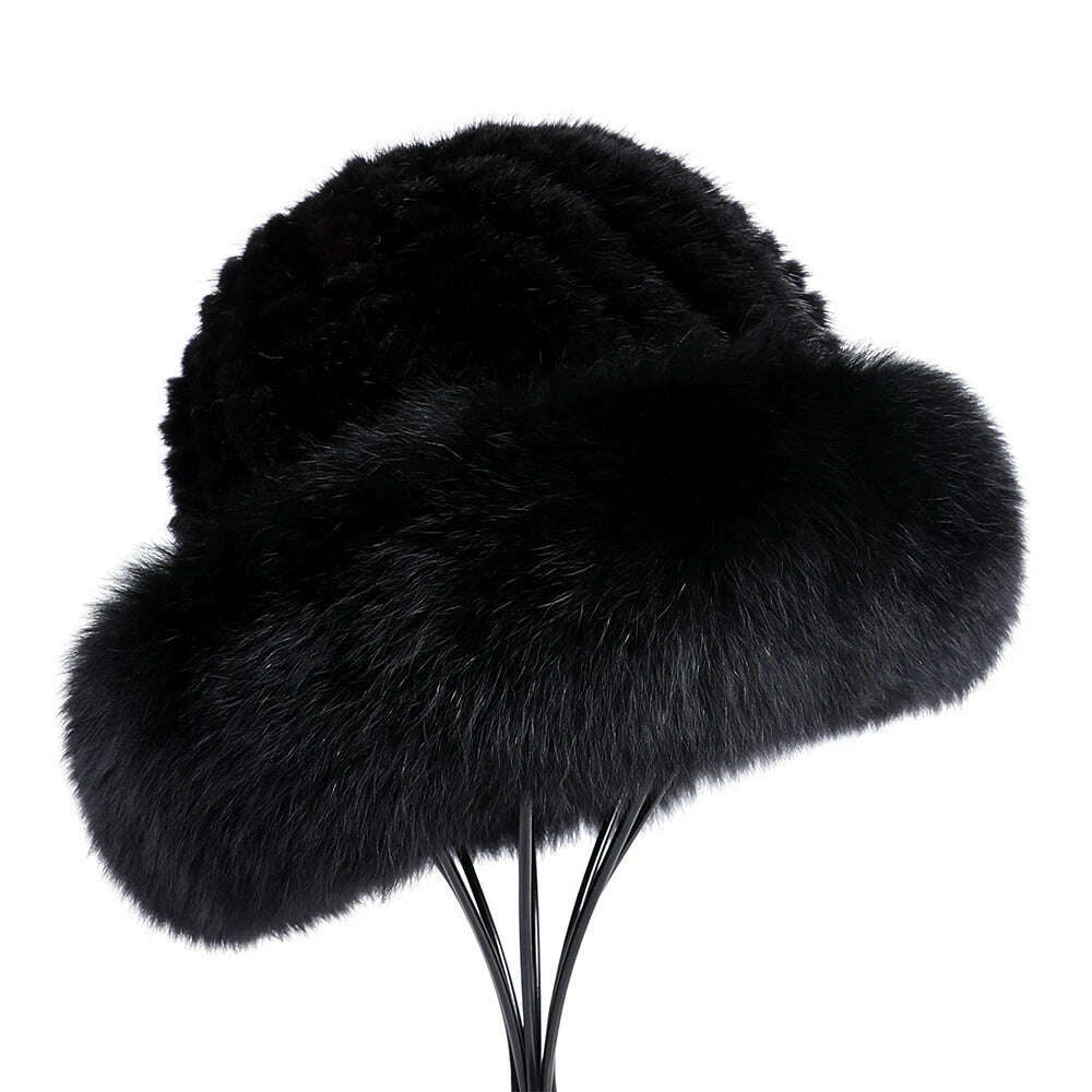 KIMLUD, BOONJOVIA Women's Luxury Genuine Mink Fur Beanie Hat With Fox Fur Trim Brim Top Cap Lady Winter Fur Hats Warm Fluffy, Black / One Size, KIMLUD APPAREL - Womens Clothes