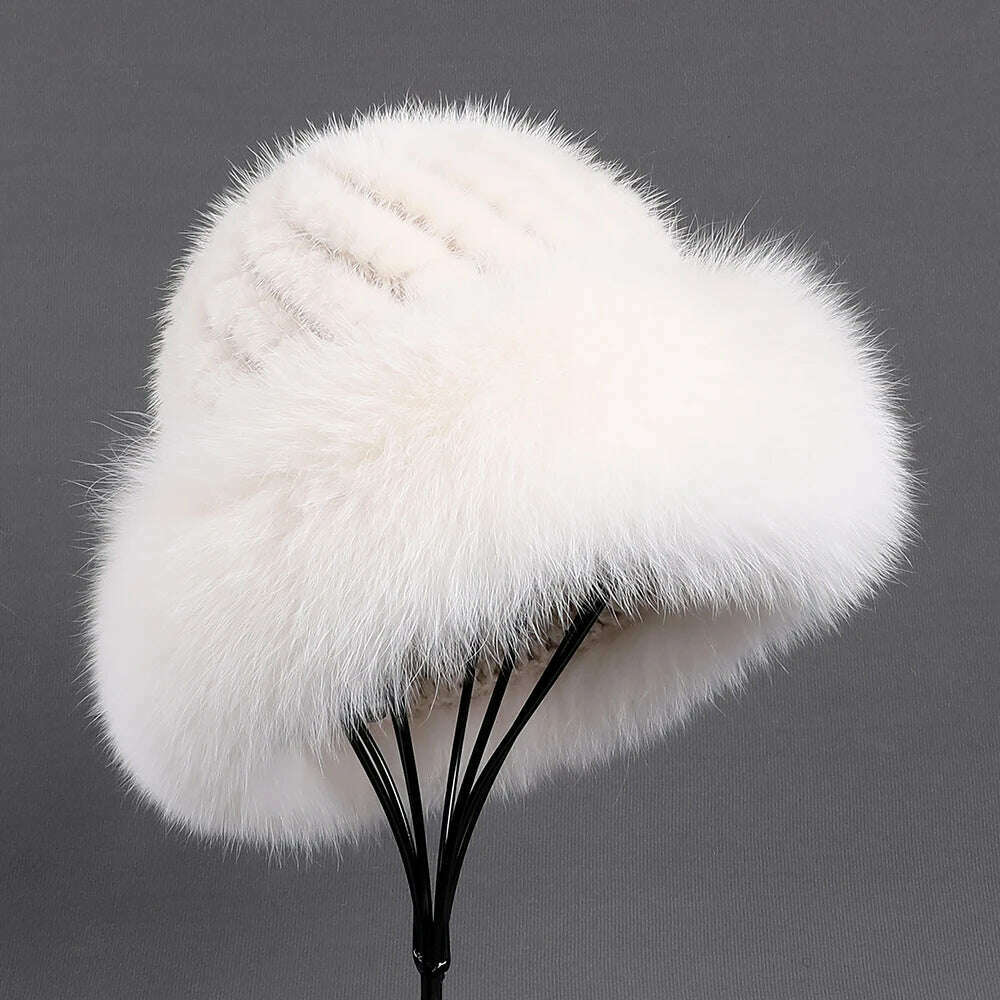 KIMLUD, BOONJOVIA Women's Luxury Genuine Mink Fur Beanie Hat With Fox Fur Trim Brim Top Cap Lady Winter Fur Hats Warm Fluffy, Beige / One Size, KIMLUD APPAREL - Womens Clothes