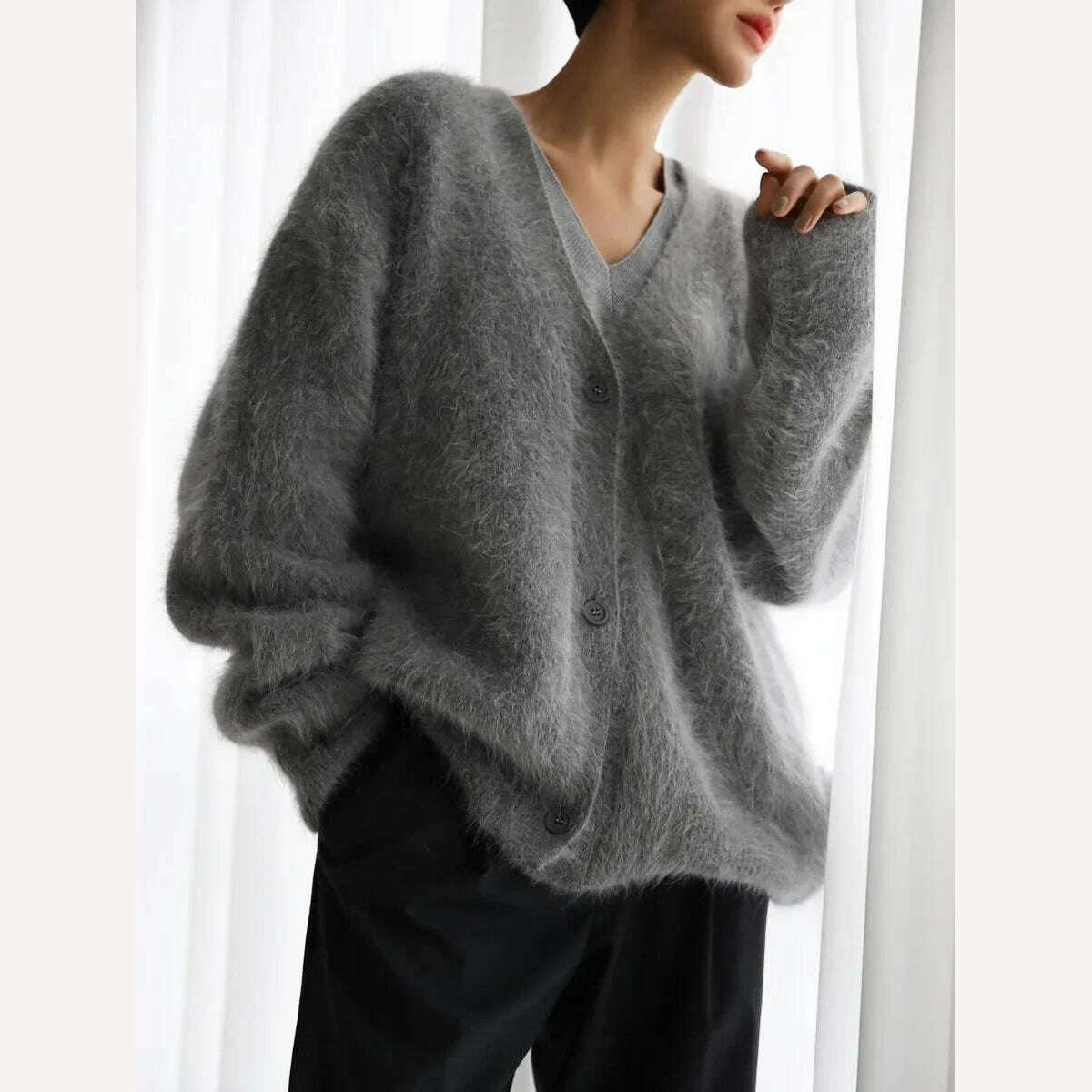 KIMLUD, Bornladies Women Imitation Mink Cardigan Soft V-neck Thiick Knitted Jacket Winter Button Vintage Cardigan Sweater for Women, Dark Grey / S, KIMLUD Womens Clothes