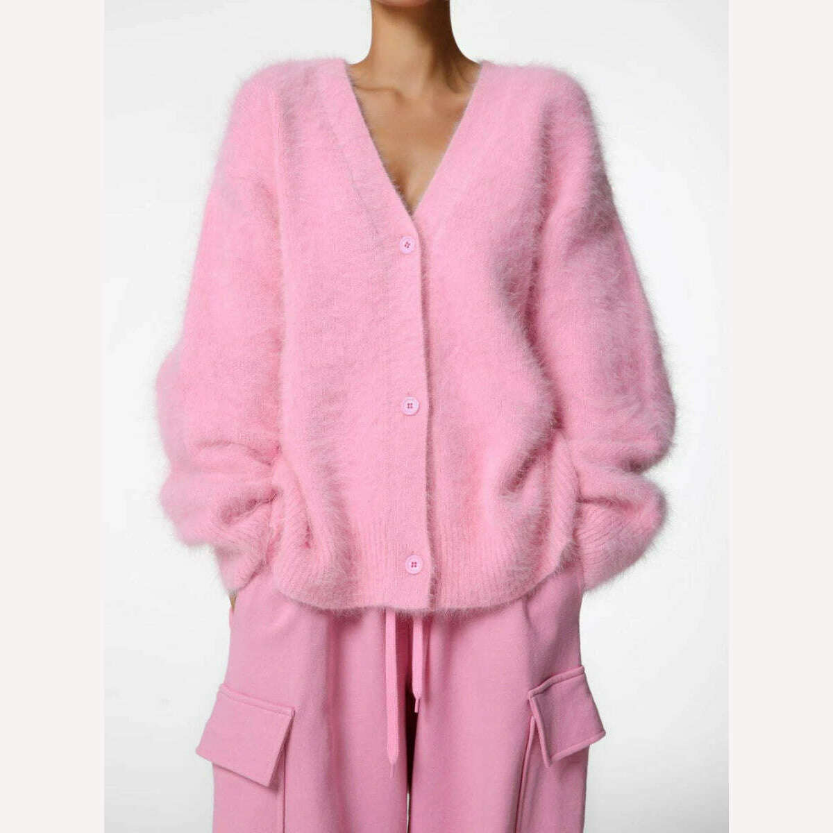 KIMLUD, Bornladies Women Imitation Mink Cardigan Soft V-neck Thiick Knitted Jacket Winter Button Vintage Cardigan Sweater for Women, Pink / S, KIMLUD Womens Clothes