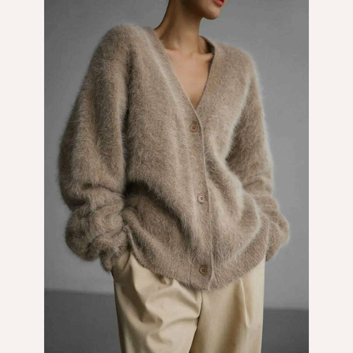 KIMLUD, Bornladies Women Imitation Mink Cardigan Soft V-neck Thiick Knitted Jacket Winter Button Vintage Cardigan Sweater for Women, Khaki / S, KIMLUD Womens Clothes