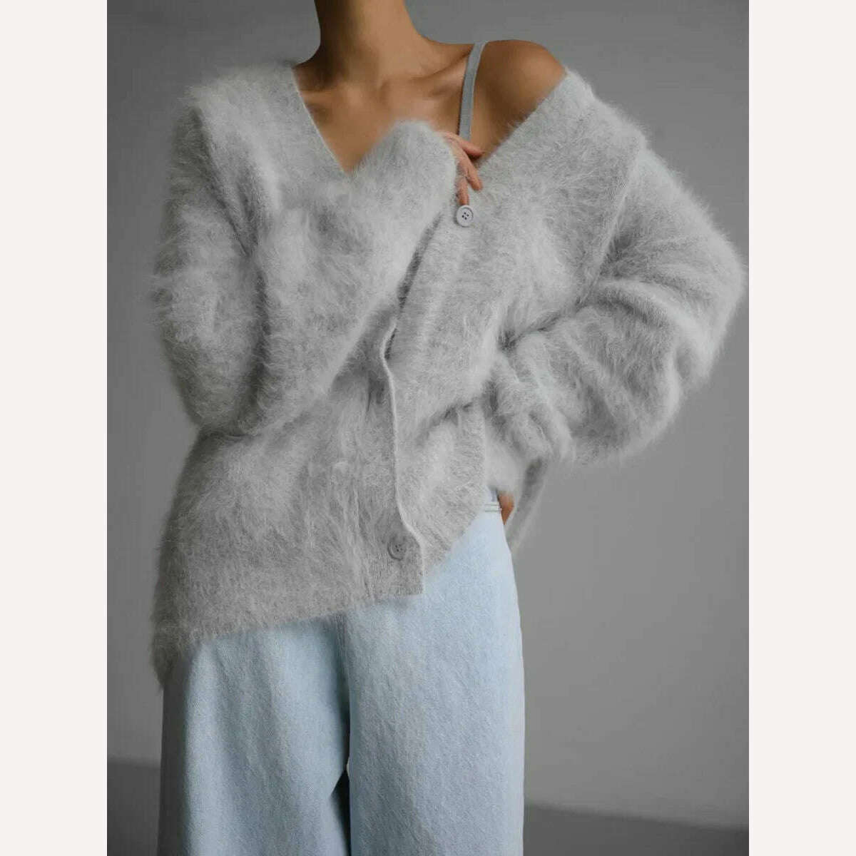 KIMLUD, Bornladies Women Imitation Mink Cardigan Soft V-neck Thiick Knitted Jacket Winter Button Vintage Cardigan Sweater for Women, Light Grey / S, KIMLUD Womens Clothes