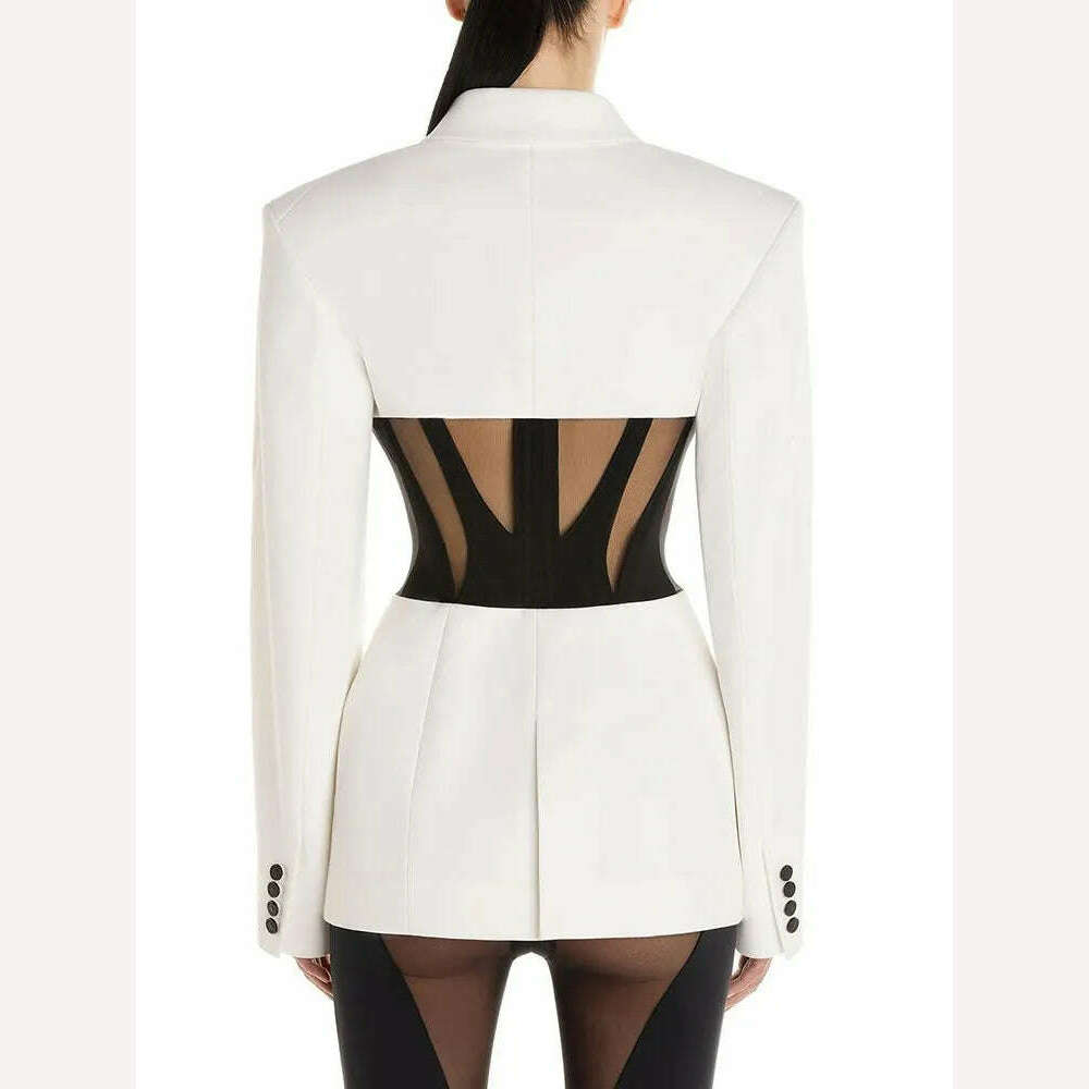 BPN Sexy Patchwork Sheer Mesh Blazer For Women Notched Collar Long Sleeve Hit Color Slim Blzers Female Fashion Clothing New 2023 - KIMLUD