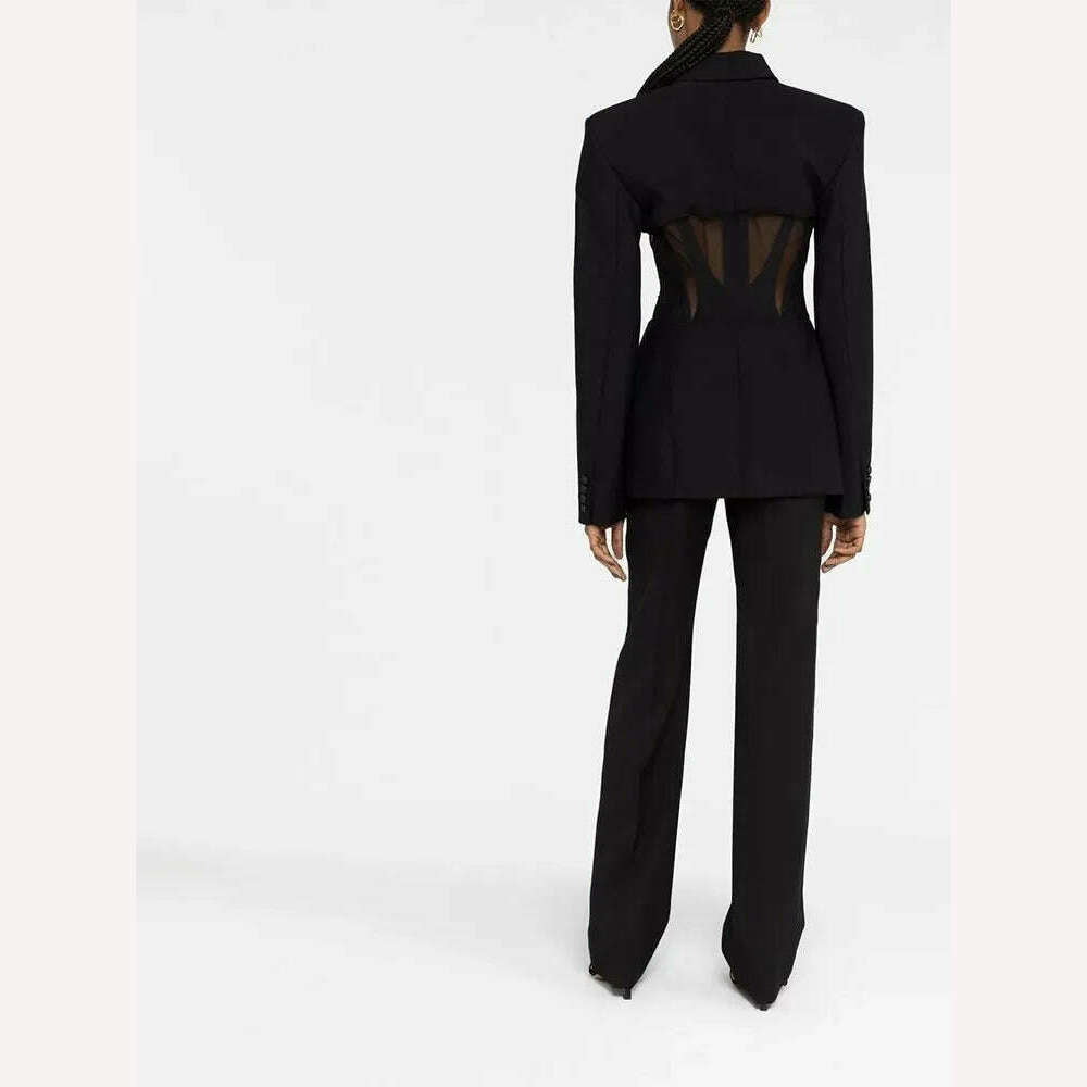 BPN Sexy Patchwork Sheer Mesh Blazer For Women Notched Collar Long Sleeve Hit Color Slim Blzers Female Fashion Clothing New 2023 - KIMLUD