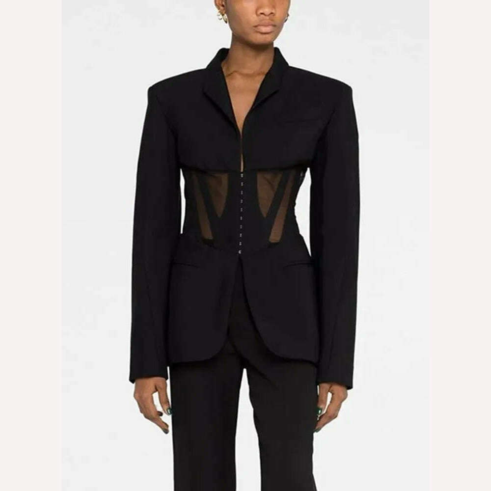 BPN Sexy Patchwork Sheer Mesh Blazer For Women Notched Collar Long Sleeve Hit Color Slim Blzers Female Fashion Clothing New 2023 - KIMLUD