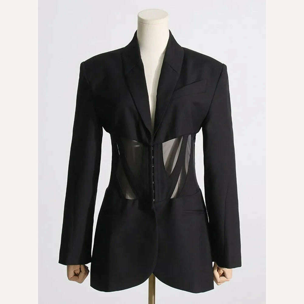 BPN Sexy Patchwork Sheer Mesh Blazer For Women Notched Collar Long Sleeve Hit Color Slim Blzers Female Fashion Clothing New 2023 - KIMLUD