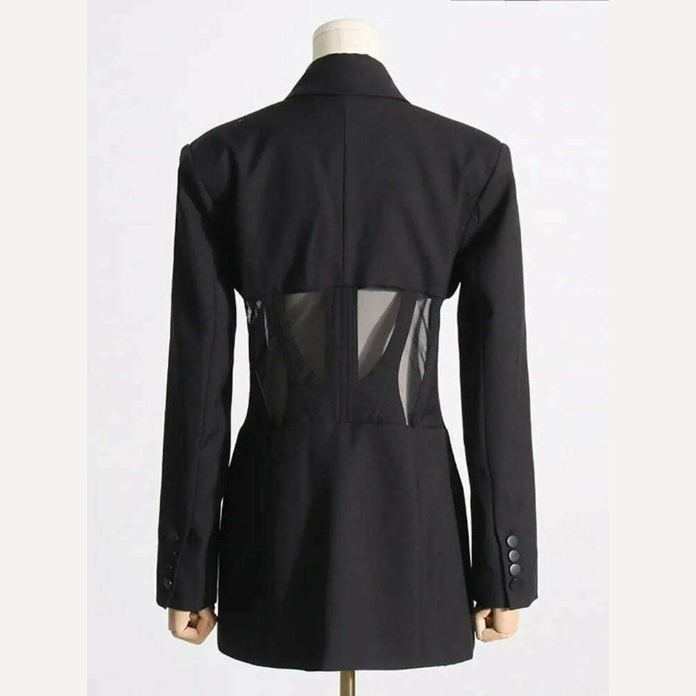 BPN Sexy Patchwork Sheer Mesh Blazer For Women Notched Collar Long Sleeve Hit Color Slim Blzers Female Fashion Clothing New 2023 - KIMLUD