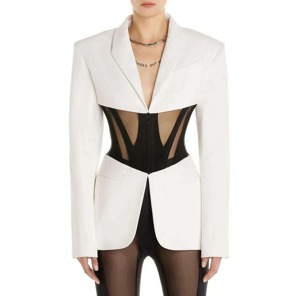BPN Sexy Patchwork Sheer Mesh Blazer For Women Notched Collar Long Sleeve Hit Color Slim Blzers Female Fashion Clothing New 2023 - KIMLUD