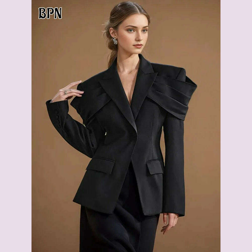 BPN Temperament Solid Blazers For Women Notched Collar Long Sleeve Patchwork Single Button Tunic Elegant Blazer Female Clothing - KIMLUD