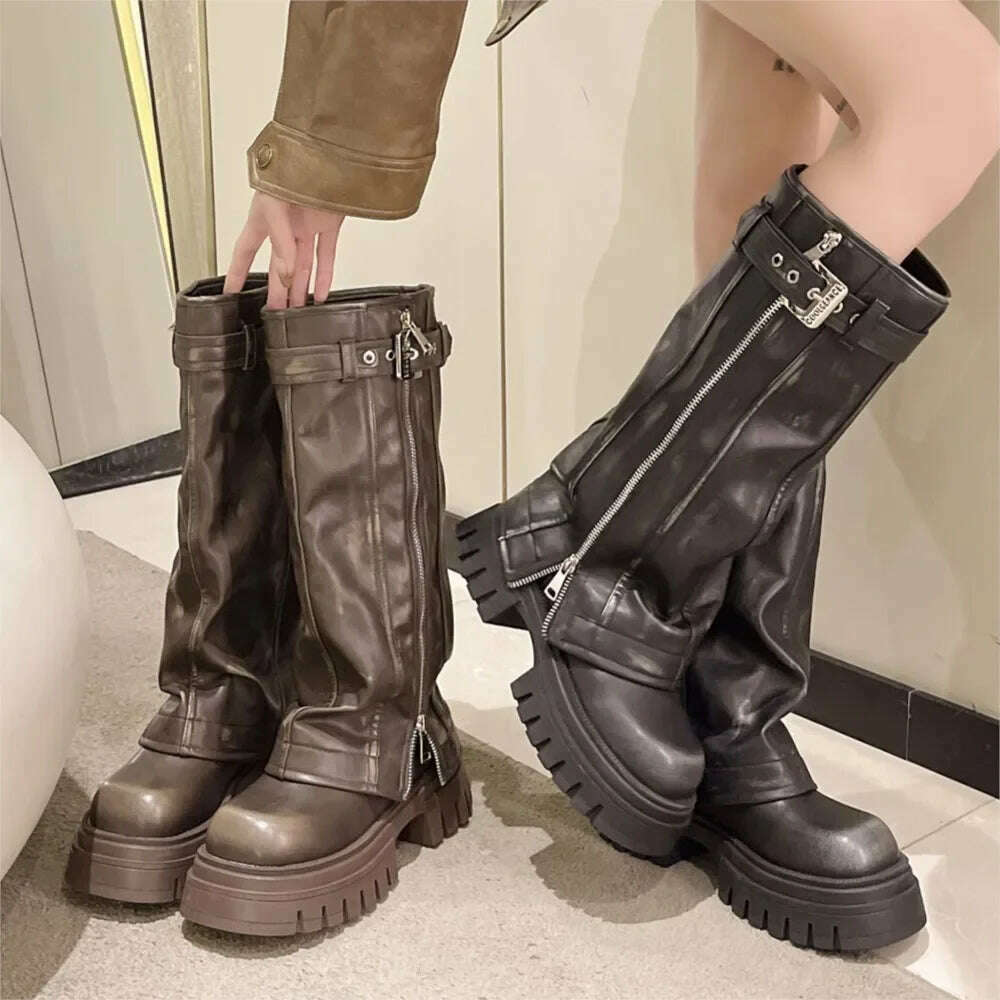 Brand Desinger Knight Women Mid Calf Boots Chunky High Heeled Platform Punk Motorcycle Long Booties Goth Street Shoes For Women - KIMLUD