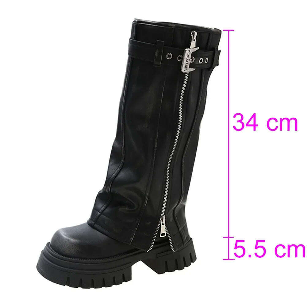 Brand Desinger Knight Women Mid Calf Boots Chunky High Heeled Platform Punk Motorcycle Long Booties Goth Street Shoes For Women - KIMLUD