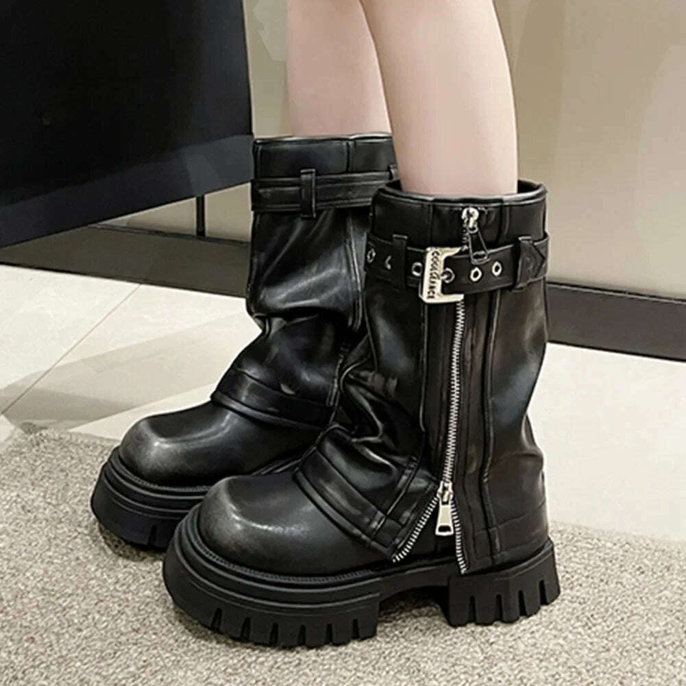 Brand Desinger Knight Women Mid Calf Boots Chunky High Heeled Platform Punk Motorcycle Long Booties Goth Street Shoes For Women - KIMLUD