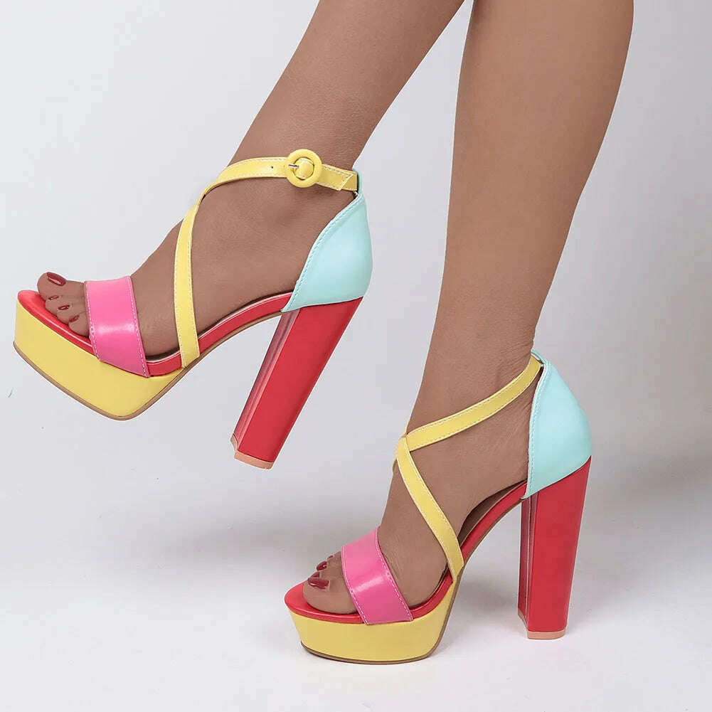 KIMLUD, Brand New Ladies Platform Summer Sandals Fashion Buckle Mixed Colors Thick High Heels women's Sandals Party Sexy Shoes Woman, KIMLUD Womens Clothes