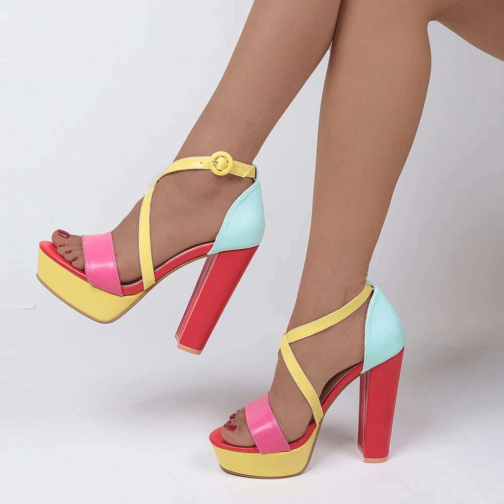 KIMLUD, Brand New Ladies Platform Summer Sandals Fashion Buckle Mixed Colors Thick High Heels women's Sandals Party Sexy Shoes Woman, KIMLUD Womens Clothes