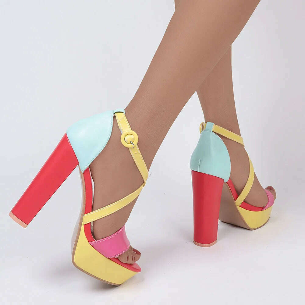 KIMLUD, Brand New Ladies Platform Summer Sandals Fashion Buckle Mixed Colors Thick High Heels women&#39;s Sandals Party Sexy Shoes Woman, KIMLUD Womens Clothes