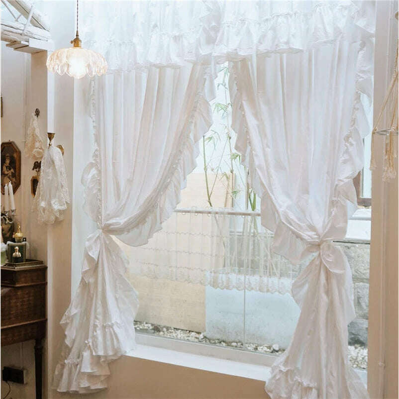 Brand New Solid White Pure Cotton Curtains with Valance for Girl's Bedroom Handmade Princess Ruffle Cortinas Eco-friendly Fabric - KIMLUD