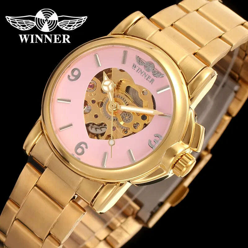 Brand Winner Watch Women Heart-shaped Watches Skeleton Luxury Gold Full Steel Automatic Mechanical Wristwatches Reloj Mujer 2020 - KIMLUD