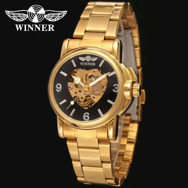 Brand Winner Watch Women Heart-shaped Watches Skeleton Luxury Gold Full Steel Automatic Mechanical Wristwatches Reloj Mujer 2020 - KIMLUD