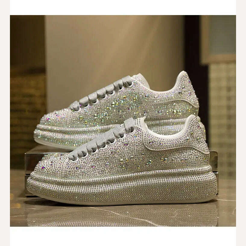 KIMLUD, brand Women Platform Casual Sneakers rhinestones Thick-soled White Silver Shoes for women Shining Crystal Sneakers Trend shoes, KIMLUD Womens Clothes