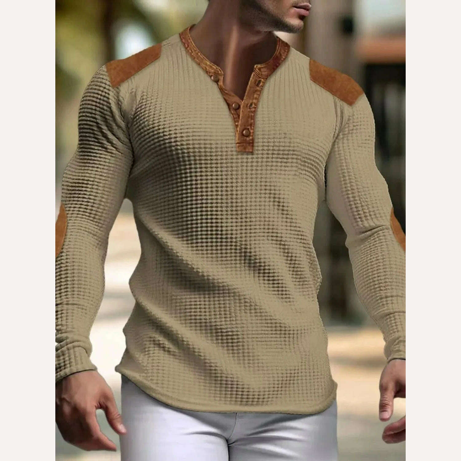 KIMLUD, Breathable Men's Casual V-Neck Mesh Top Slim Fit Long Sleeve Solid Color Trendy Button-Up for Spring and Autumn, Khaki / XXXL, KIMLUD Womens Clothes