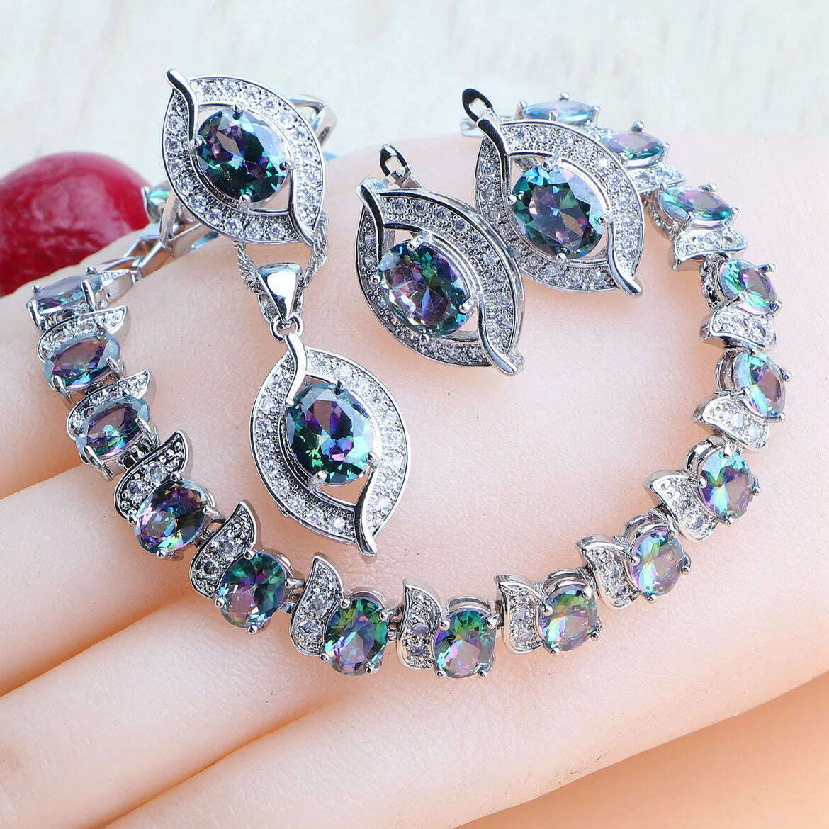 Bridal Jewelry Sets Silver 925 Wedding Jewelry Blue Zirconia For Women Rings Pendant Necklace Earrings Stones Bracelets Set - KIMLUD