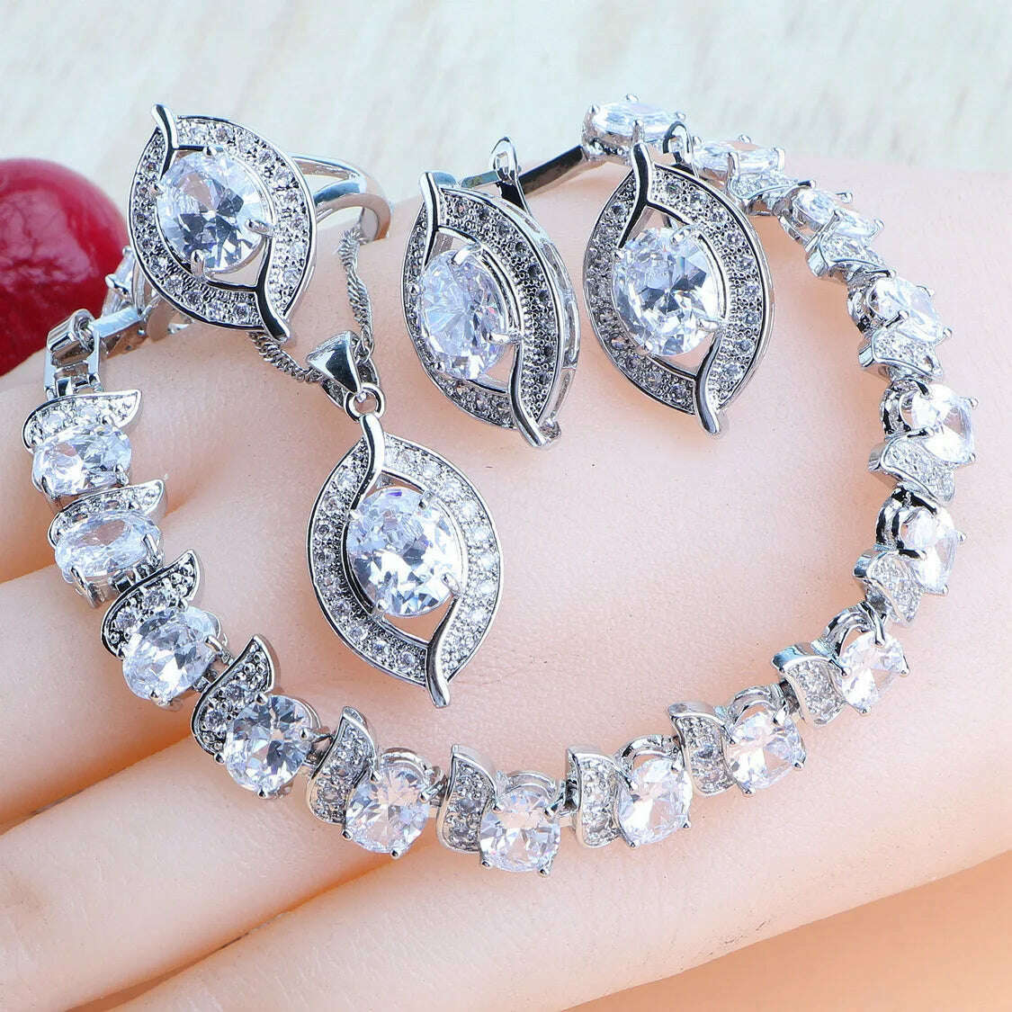 Bridal Jewelry Sets Silver 925 Wedding Jewelry Blue Zirconia For Women Rings Pendant Necklace Earrings Stones Bracelets Set - KIMLUD