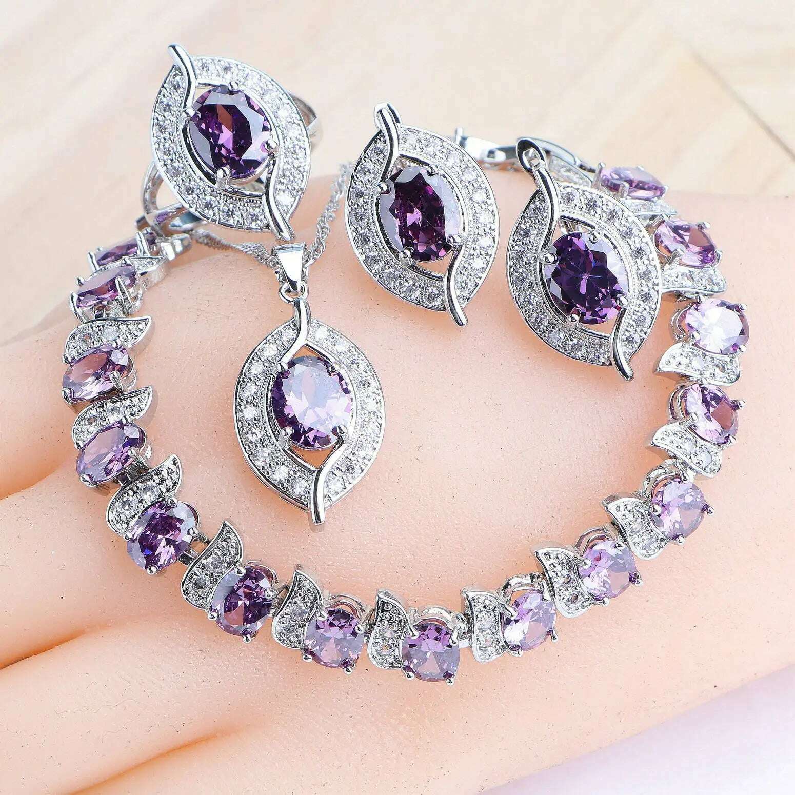 Bridal Jewelry Sets Silver 925 Wedding Jewelry Blue Zirconia For Women Rings Pendant Necklace Earrings Stones Bracelets Set - KIMLUD