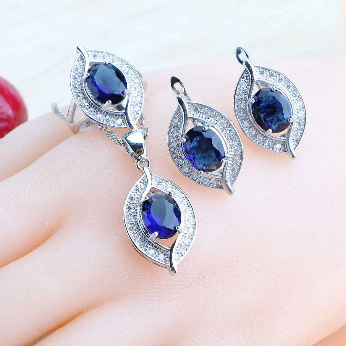 KIMLUD, Bridal Jewelry Sets Silver 925 Wedding Jewelry Blue Zirconia For Women Rings Pendant Necklace Earrings Stones Bracelets Set, 3PCS-Blue / 10, KIMLUD APPAREL - Womens Clothes