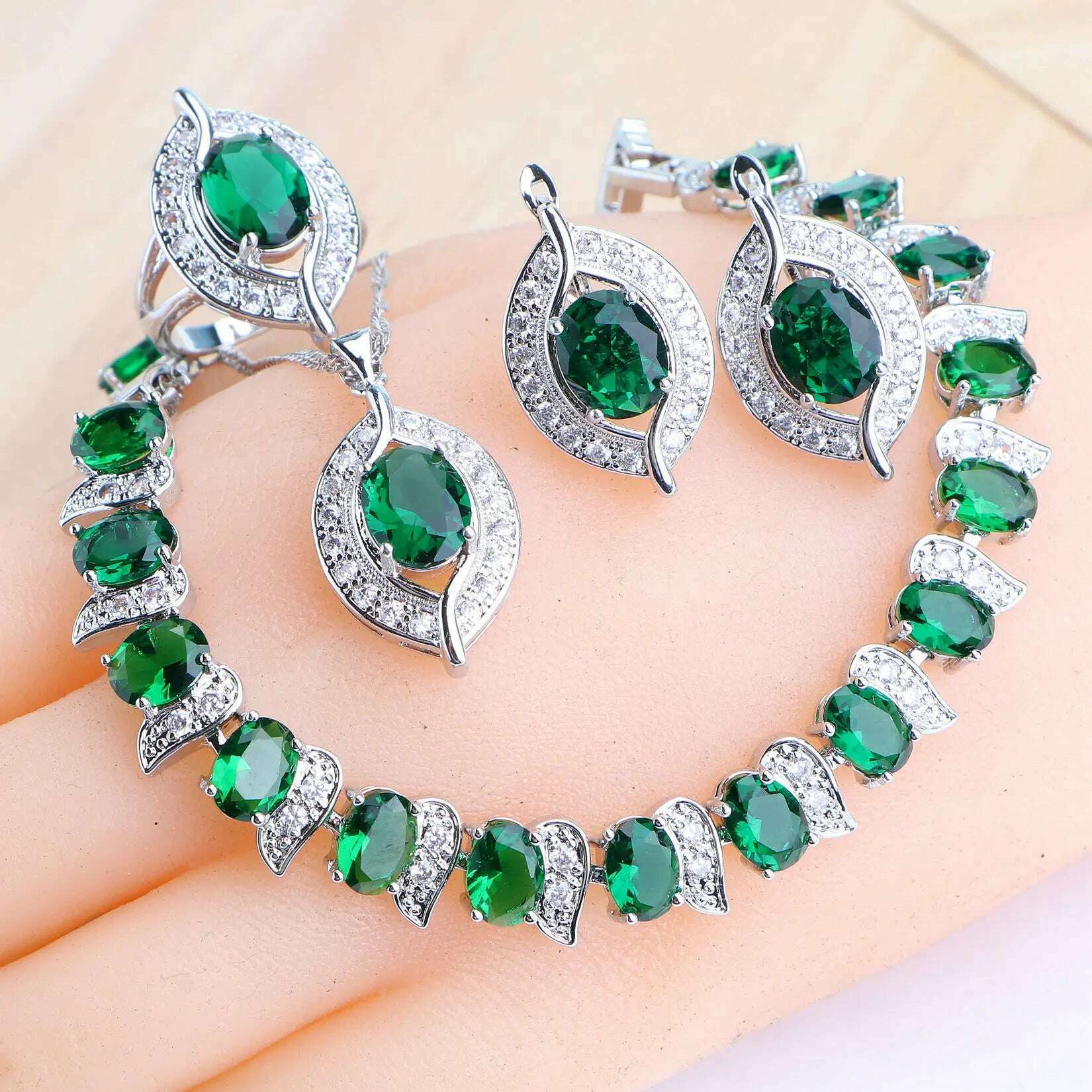 KIMLUD, Bridal Jewelry Sets Silver 925 Wedding Jewelry Blue Zirconia For Women Rings Pendant Necklace Earrings Stones Bracelets Set, 4PCS-Green / 10, KIMLUD APPAREL - Womens Clothes