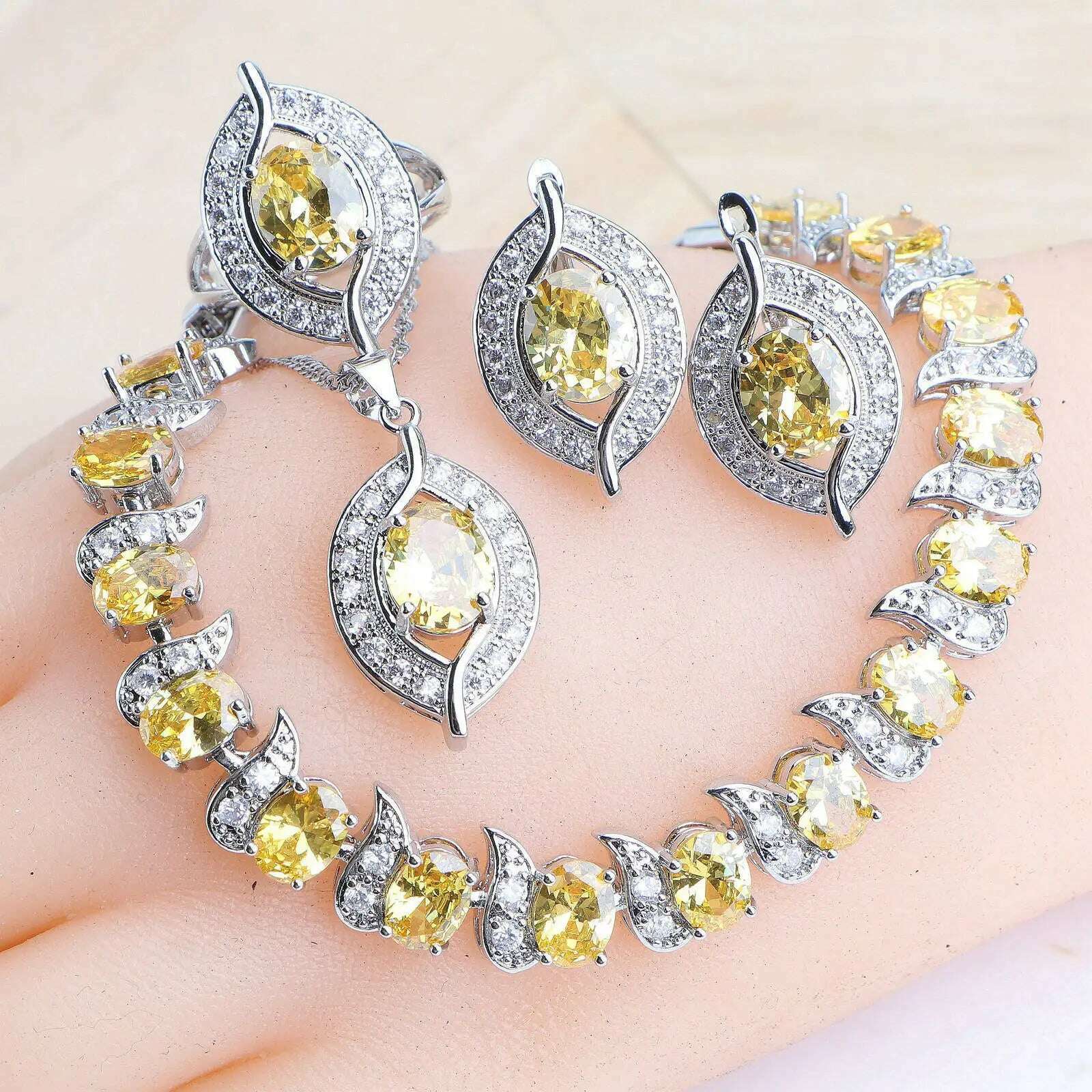 KIMLUD, Bridal Jewelry Sets Silver 925 Wedding Jewelry Blue Zirconia For Women Rings Pendant Necklace Earrings Stones Bracelets Set, 4PCS-Yellow / 10, KIMLUD APPAREL - Womens Clothes