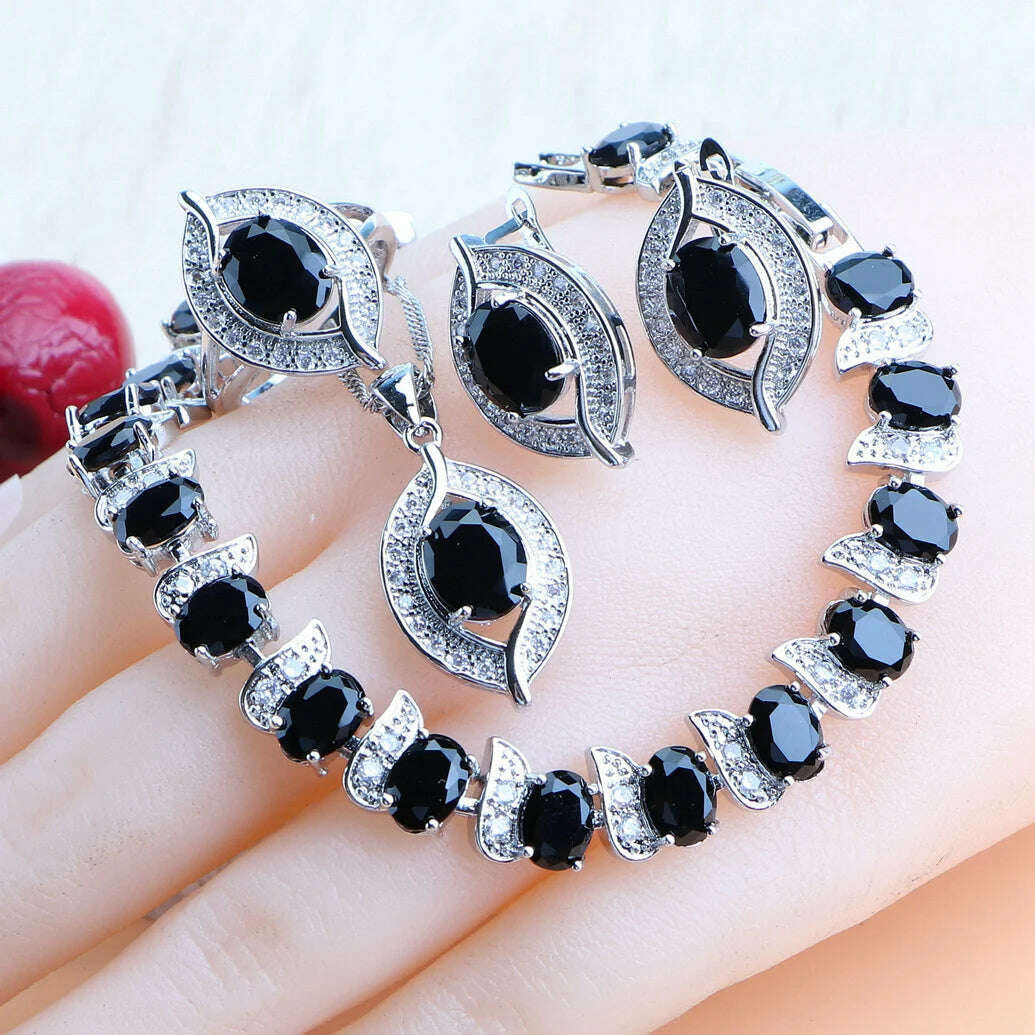 KIMLUD, Bridal Jewelry Sets Silver 925 Wedding Jewelry Blue Zirconia For Women Rings Pendant Necklace Earrings Stones Bracelets Set, 4PCS-Black / 10, KIMLUD APPAREL - Womens Clothes