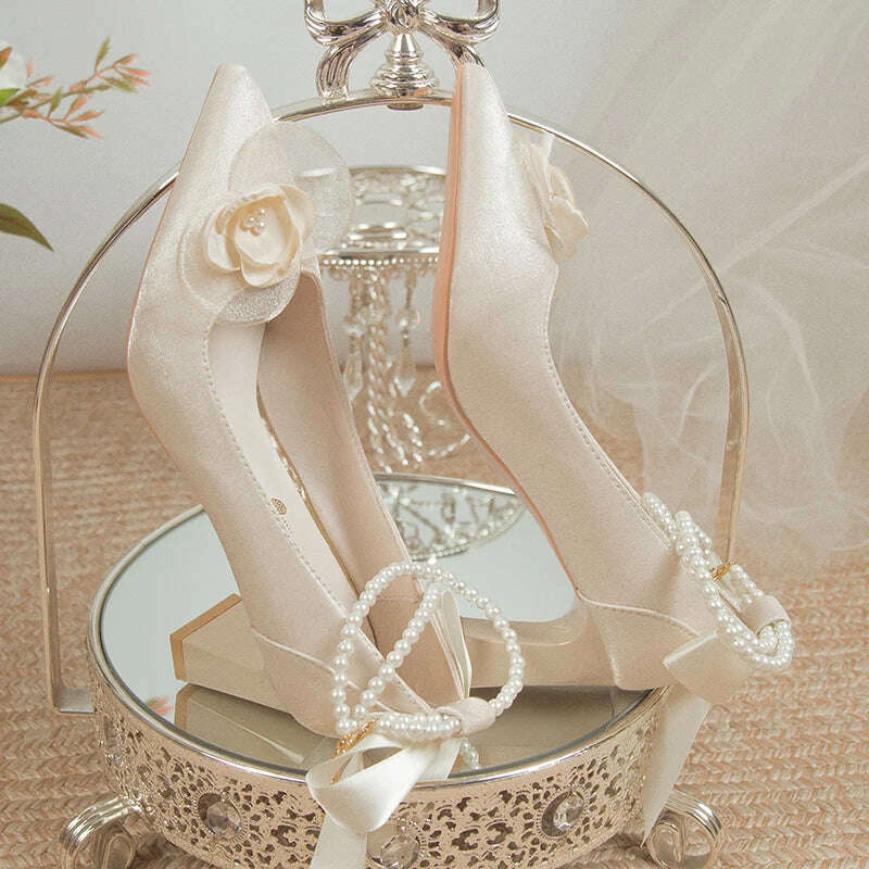 KIMLUD, Bridal Shoes 2024 New Flower High Heel Pumps Women Elegant Pearl Strap Wedding Party Shoes Woman Silk Pointed Toe Zapatos Mujer, KIMLUD Womens Clothes